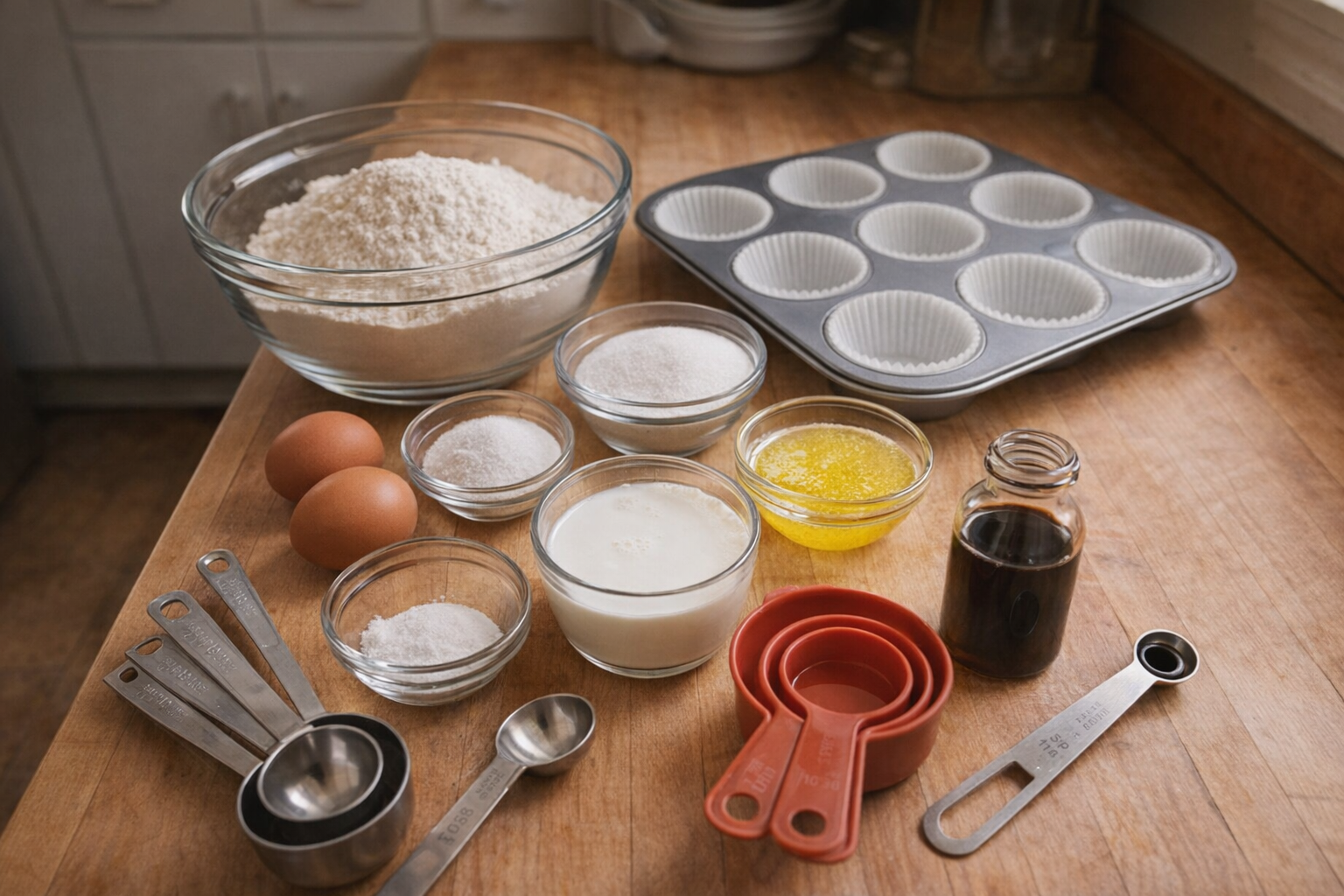 An overhead shot of neatly arranged ingredients for muffins: flour, sugar, baking powder, salt, eggs, milk, melted butter, vanilla extract, measuring cups, and a muffin tin with liners.